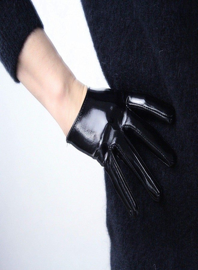 DooWay Black Latex Women Short Gloves 6" 16cm Shine PU Leather Faux Patent Everyday Fashion Warm Gloves - Image 3